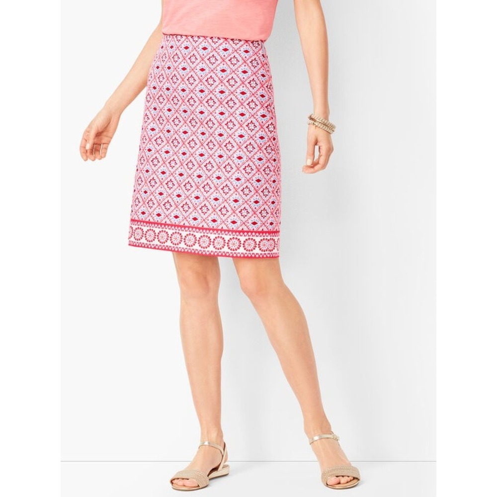 Talbots Red‎ Blue White Mosaic Geometric Print Skirt Stretch Cotton - Size 4